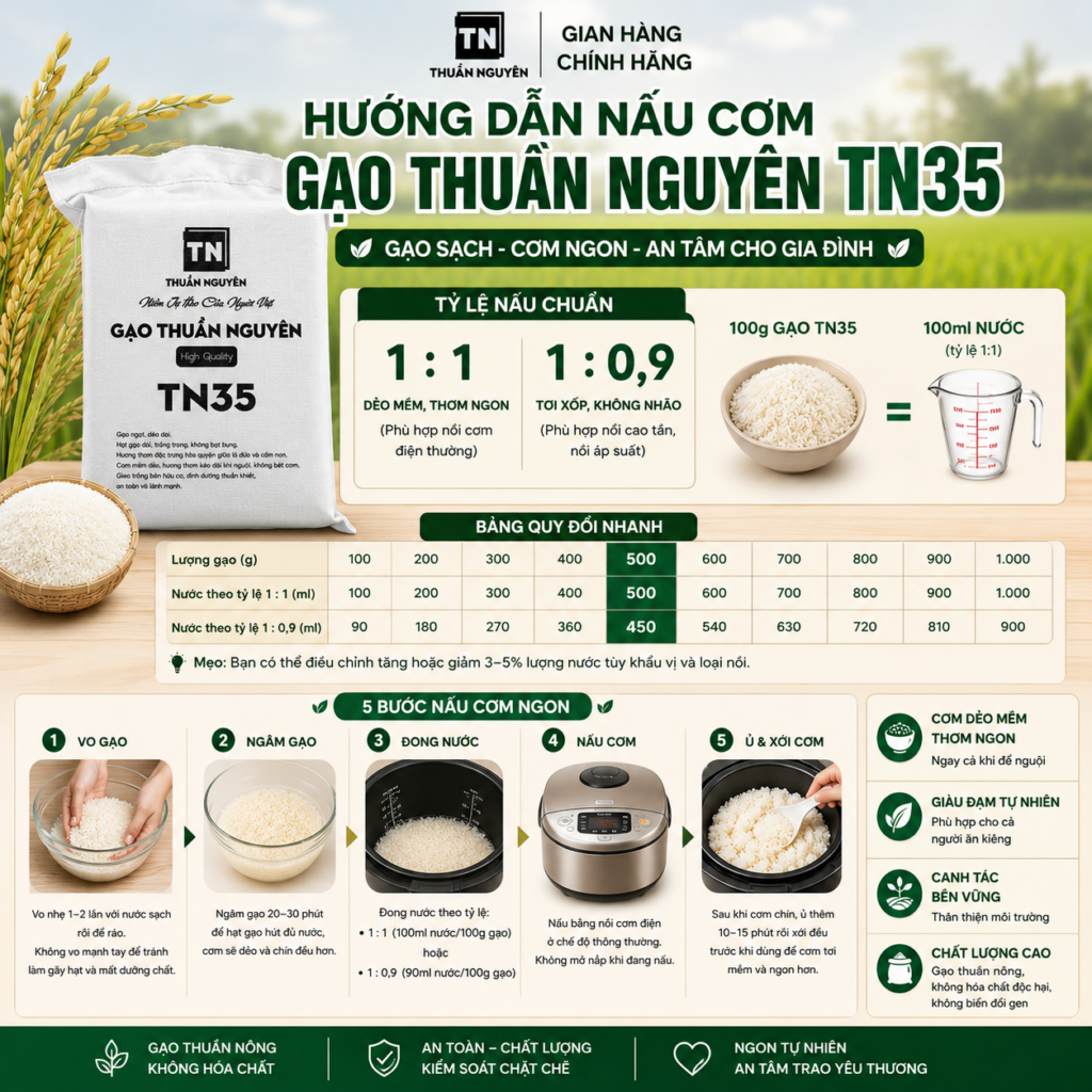 huong dan nau com bang gao tn35 ngon chuan