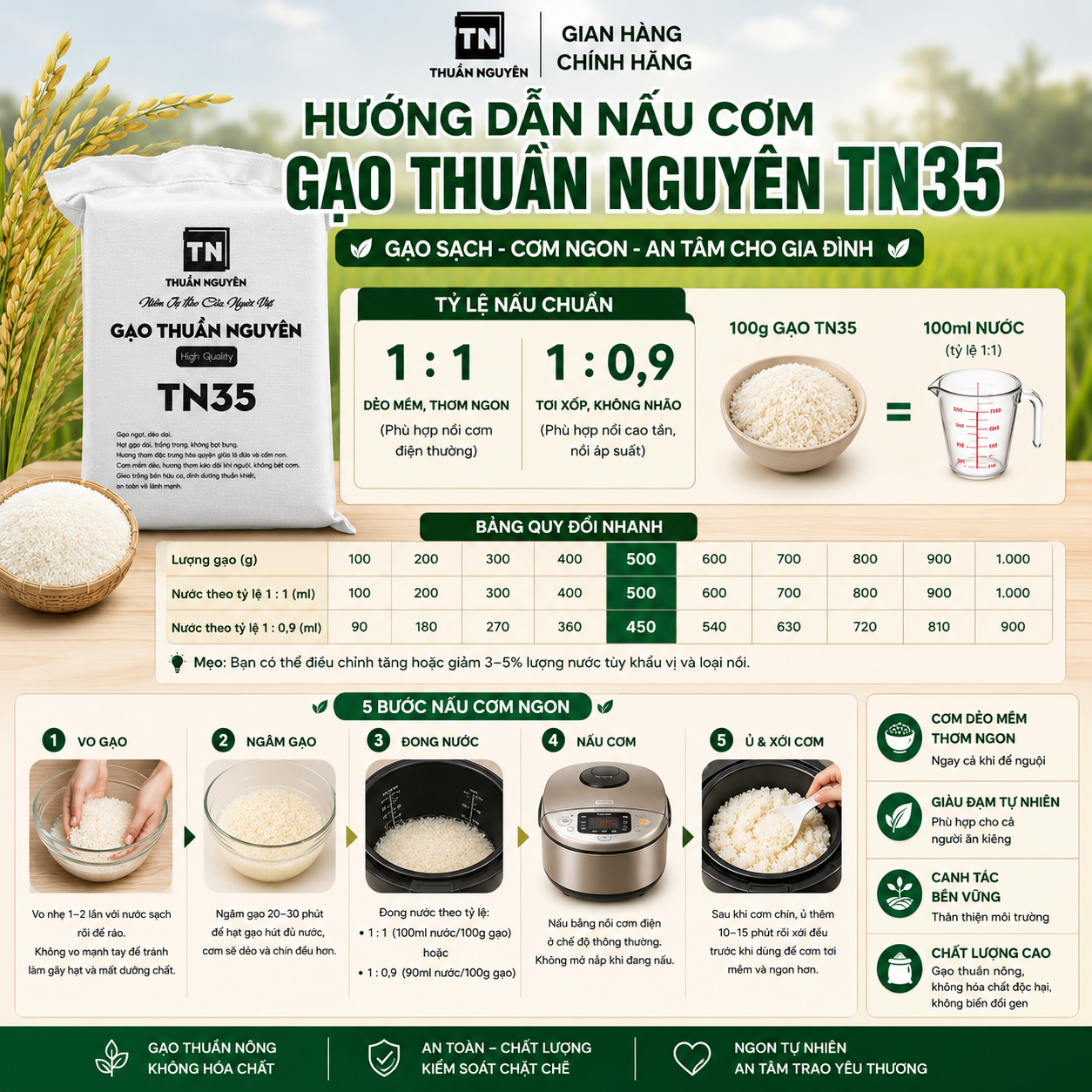 huong dan nau com bang gao tn35 ngon chuan