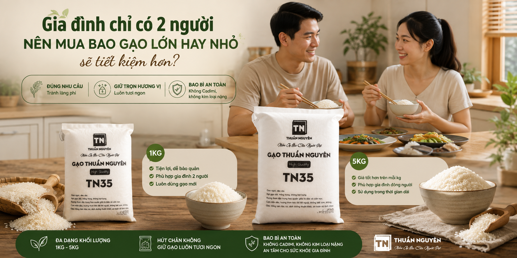 Các quy cách Gạo Thuần Nguyên từ 1kg đến 5kg phù hợp cho gia đình ít người và bảo quản tiện lợi.