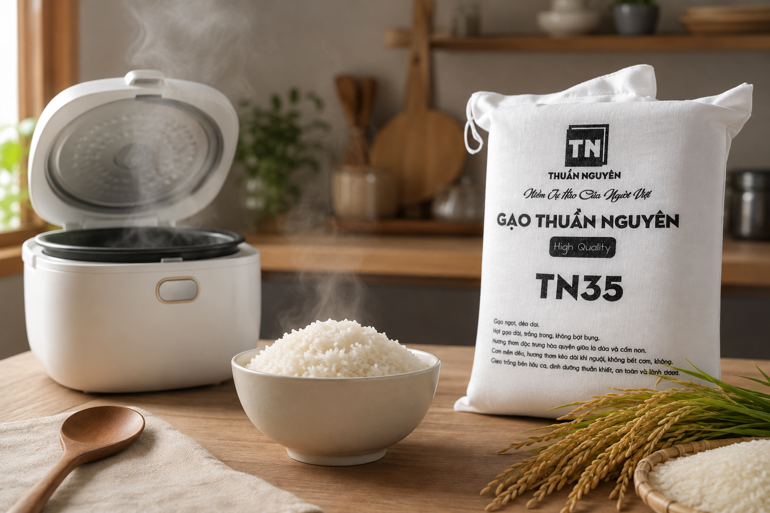 Gia đình thưởng thức bữa cơm với Gạo Thuần Nguyên TN35 hạt dài dẻo thơm sau khi nấu bằng nồi cơm điện.