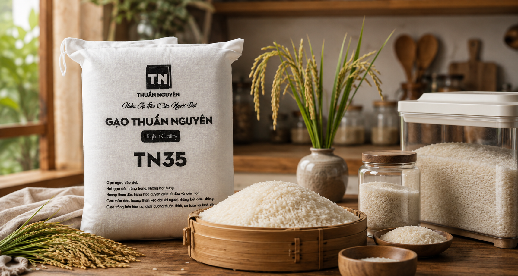 Túi Gạo Thuần Nguyên TN35 đặt cạnh hũ gạo sạch, minh họa cách phân biệt gạo cũ và gạo chất lượng.
